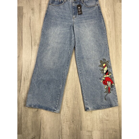 NWT Ed Hardy Heart Dagger Love Wide Leg Loose Fit Retro Light Jeans Size 32 J - Picture 5 of 11